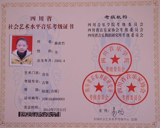 2012年音乐类学员考级证书